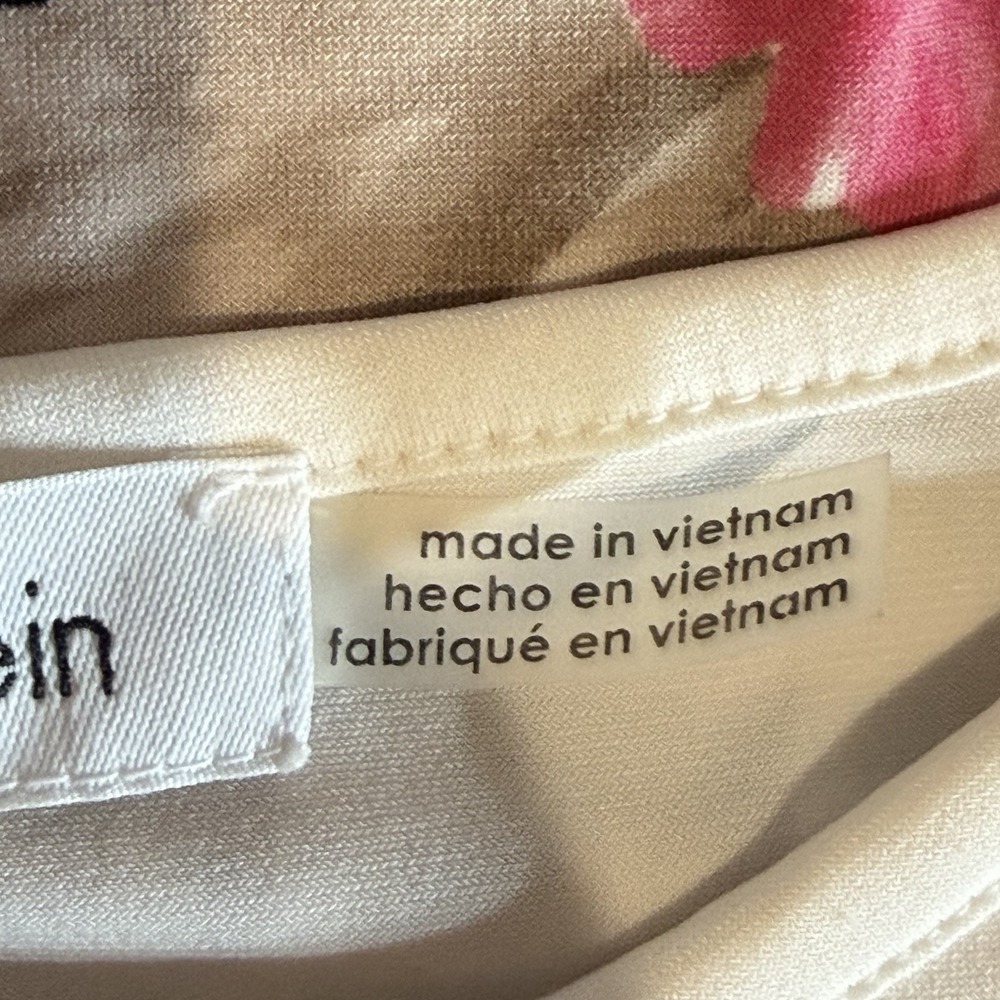 Calvin Klein Black Floral Top White Contrast Panels Gold Zip Stretch Blouse L‎ - Picture 8 of 10